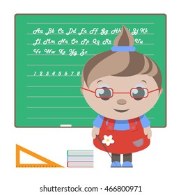 kids school teacher and school supplies, isolated on white background, vector illustration