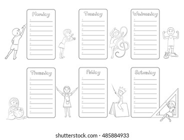 Kids school timetable, weekly planner, organizer for students cartoon vector coloring page