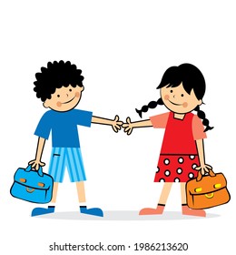 Kids and schoolbag, girl and boy, vector illustration, back to school. First day of school.	