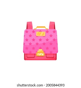 Kids Schoolbag Isolated Vector Icon, Cute Cartoon Pink Haversack For Girl Student With Stars Pattern And Gold Clasp Rucksack. Baby Backpack Knapsack On White Background