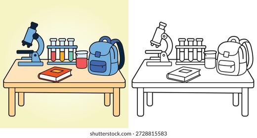 Kids science coloring page featuring a study table with microscope, test tubes, book, glass, and backpack. Cute educational illustration with clean line art, perfect for children learning activities. Main objects and background are separated, not merged in one layer