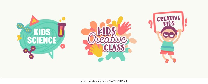 Kids Science, Creative Class Banners, Stickers or Badges Set Cute Primitive Style Characters and Elements for Logo Design with Typography Isolated on White Background. Cartoon Flat Vector Illustration