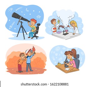 Kids science and exploration cartoon scenes set. Astronomers, researchers in botany, chemists, physicists. Young scientists characters. Experimental laboratory. Vector flat illustration