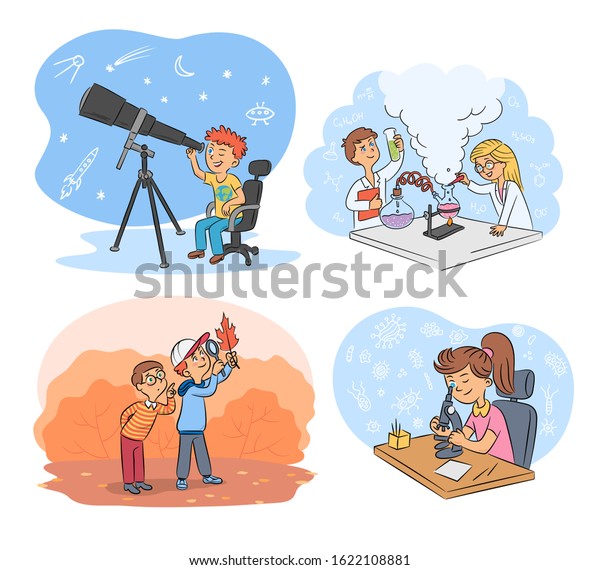 Kids science and exploration cartoon scenes\
set. Astronomers, researchers in botany, chemists, physicists.\
Young scientists characters. Experimental laboratory. Vector flat\
illustration