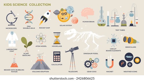 Kids science and fun experimental way to teach nature tiny collection set. Labeled elements with physics, chemistry, biology and geography for children learning vector illustration. Knowledge study.