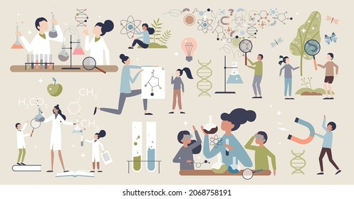 Kids Science With Physics And Chemistry Exploring Tiny Person Collection Set. Cognitive Childhood Experiments For Knowledge Experience And Learning Vector Illustration. Scientific Study For Kids Items