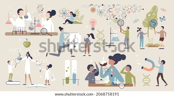 Kids science with physics and chemistry exploring
tiny person collection set. Cognitive childhood experiments for
knowledge experience and learning vector illustration. Scientific
study for kids items