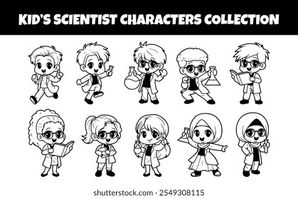 Kids scientist character outline vector illustration set