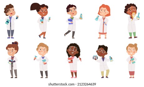 Kids scientists, boys and girls experiment in chemistry lab. Multiracial kids scientists doing scientific experiment vector illustration set. Baby scientist characters holding flasks and tubes