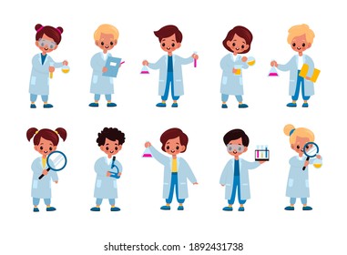 Kids scientists. Cartoon children in medical coats with different laboratory items, girls and boys hold microscope, test tubes and chemical reagents. Science and education for kids vector isolated set