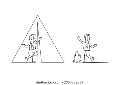 kids scout camp campfire together activity joy tent lifestyle line art design
