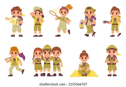 Kids In Scout Camp. Cartoon Boys And Girl In Scout Clothes Make A Fire And Build Tent In Summer Camp. Vector Isolated Set Of Scout Boy And Girl Illustration