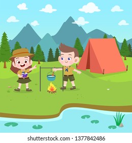 kids scouts at camp vector illustration