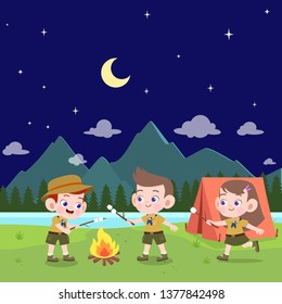 kids scouts at camp vector illustration