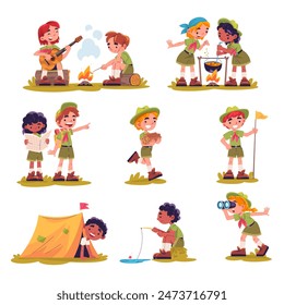 Niños exploradores. Personajes de dibujos animados de niño scout, niños de jardín de infantes o estudiantes de la escuela exploraciones de la naturaleza campamento de verano aventura, niños turista boyscout conjunto de Ilustración vectorial de personaje de dibujos animados