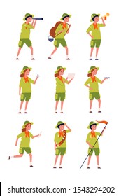 Kids scouts. Childrens specific uniform camping characters boys and girls vector characters