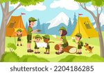 Kids scouts. Cute young tourists and trackers with adult mentors study area map. Children hiking or camping on nature. Teachers teach teens forest navigation. Splendid