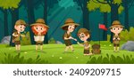 Kids Scouts summer camp vector illustration. Happy little boy scouts and girl scouts in the forest. Cute little tourists hiking and exploring nature. Camping cartoon vector illustration.