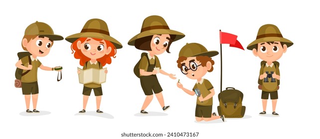 Kids Scouts vector illustration. Cute cartoon characters wearing scout uniform. Summer camp activities with group of kids in flat style. Little boy scouts and girl scouts isolated on white background.