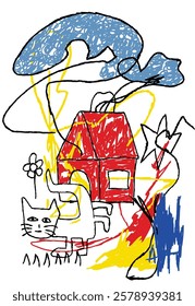 kids scribble cat playing outside the house illustration