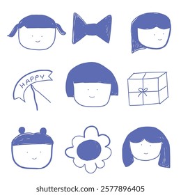kids scribble female face characters