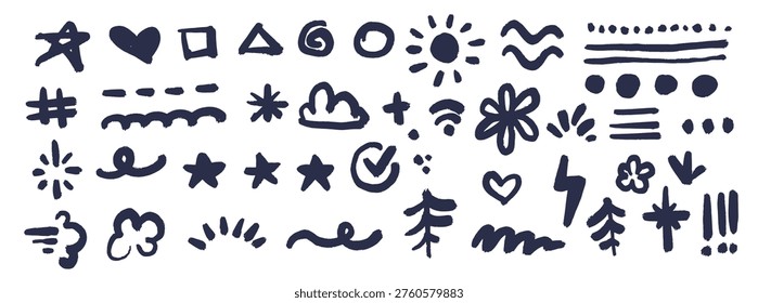 Kids Scribble Marker Doodle Pack. Hand Drawn Highlight Elements with Stars, Hearts, Lines, Sparkles and Playful Marks. Cute Childlike Graphics for Text Highlighting, Scrapbooking and Creative Design.