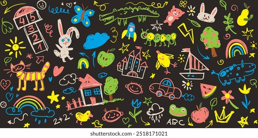 Crianças rabiscam em um quadro negro escolar. Crianças de esboço desenhadas à mão. Estilo doodle crayon. Fundo bonito do giz da escola. Ilustração vetorial. Definir