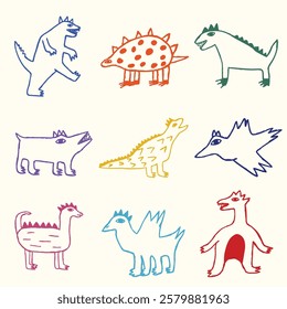 kids scribbles dinosaur cartoon illustration