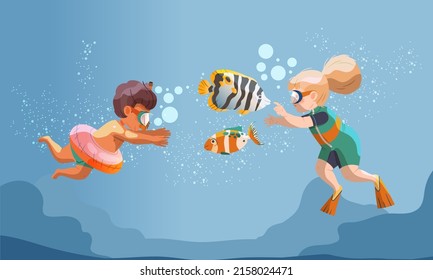 Kids Scuba Divers Exploring Sea Depth And Fishes. Underwater Swiming Vector Illustration