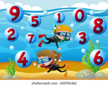 Kids scuba diving with numbers in the sea illustration