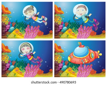 Kids scuba diving under the sea illustration