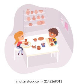 Kids Sculpting And Creating Pottery On Potters Wheel In Ceramics Class Vector Illustration. Cartoon Little Cute Girl And Boy Sitting At Table To Work With Clay. Handcraft, Creative Hobby Concept