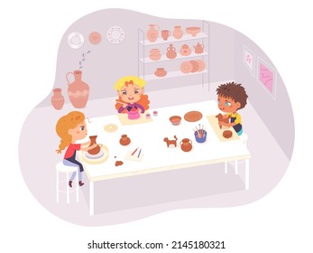 Kids sculpting and creating pottery on potters wheel in ceramics class vector illustration. Cartoon little cute girls and boy sitting at table to work with clay. Handcraft, creative hobby concept