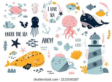Kids sea elements set isolated on white. Ocean collection with fish, whales, lighthouse, octopus, jellyfish, turtle, sea stars, seashells, corals. Cute vector illustration. Baby sea design.