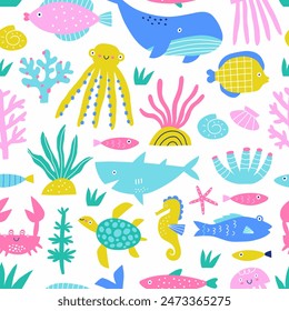 Kids sea seamless pattern. Funny fish, plants and marine life. Print for clothes, textile, wallpaper, baby shower. Vector illustration