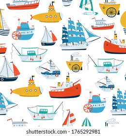 Kids sea seamless pattern with ship, sailboat, icebreaker, submarine, steamship in cartoon style. Cute texture for kids room, Wallpaper, textiles, wrapping paper, apparel. Vector illustration