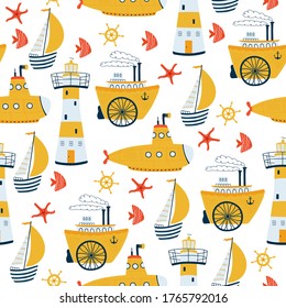 Kids sea seamless pattern with ship, sailboat, lighthouse, submarine, steamship in cartoon style. Cute texture for kids room, Wallpaper, textiles, wrapping paper, apparel. Vector illustration