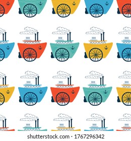 Kids sea seamless pattern with ship, steamship in cartoon style. Cute texture for kids room, Wallpaper, textiles, wrapping paper, apparel. Vector illustration