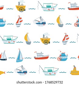 Los niños marean un patrón sin costura con barco, velero, submarino, barco de vapor, barco de pesca al estilo de las caricaturas. Textura de corte para la habitación de los niños, papel de escritorio, textiles, papel de envoltura, ropa. Ilustración del vector