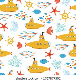 Kids sea seamless pattern with yellow submarine, fish in cartoon style. Cute texture for kids room, Wallpaper, textiles, wrapping paper, apparel. Vector illustration