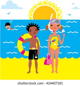 Kids sea summer camp. Boy and girl on the beach. Vector illustration