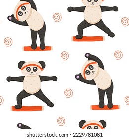 Niños de fondo impecable con bonitos pandas en pose de yoga. Ilustración de dibujos animados