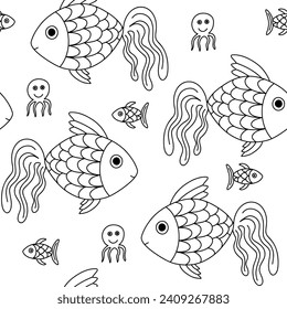 Kids seamless background with fishs in sea