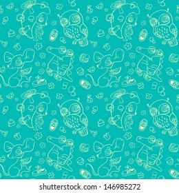 Kids seamless background. Set of cute animals: owl, crocodile, mouse, hedgehog. Seamless pattern can be used for wallpaper, pattern fills, web page background, surface textures