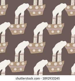 Kids seamless funny pattern with white and beige colored steamship print. Brown background. Vector illustration for seasonal textile prints, fabric, banners, backdrops and wallpapers.