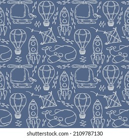 Kids seamless pattern with air transport. Fling helicopter, plane, rocket, kite. Vector  background for wallpaper, wrapping paper, textile, packaging, fabric. Fof boys, nursery, wearing, books