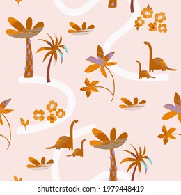Kids seamless pattern with animal, dino, palms, florals. Vector illustration with boho doodle elements for nursery room decor, wall art, children design, baby shower invite.