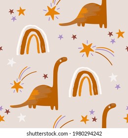 Kids seamless pattern with animal, dino, rainbow, florals. Vector illustration with boho doodle elements for nursery room decor, children design, baby shower invite.