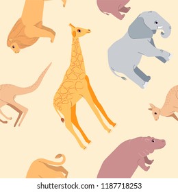 Kids seamless pattern with animals. Flat Giraffe, elephant, lion, hippo, kangaroo. Cute fashion print. Vector hand drawn illustration. Pattern suitable for posters, postcards, fabric or wrapping paper