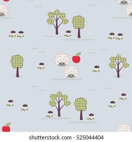 kids seamless pattern, applique, hedgehogs, trees, apples, mushrooms